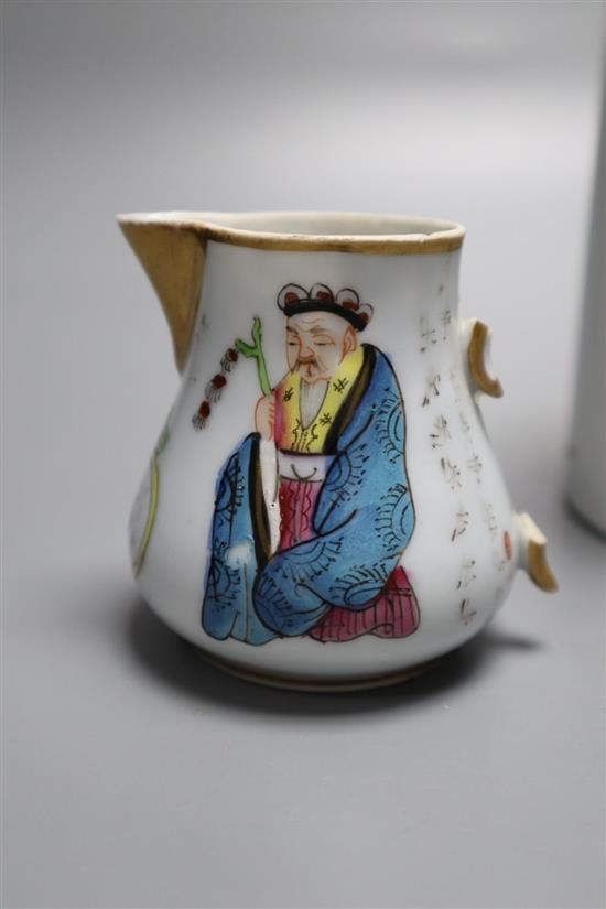 A Chinese famille rose brush pot, height 12.5cm and a similar jug